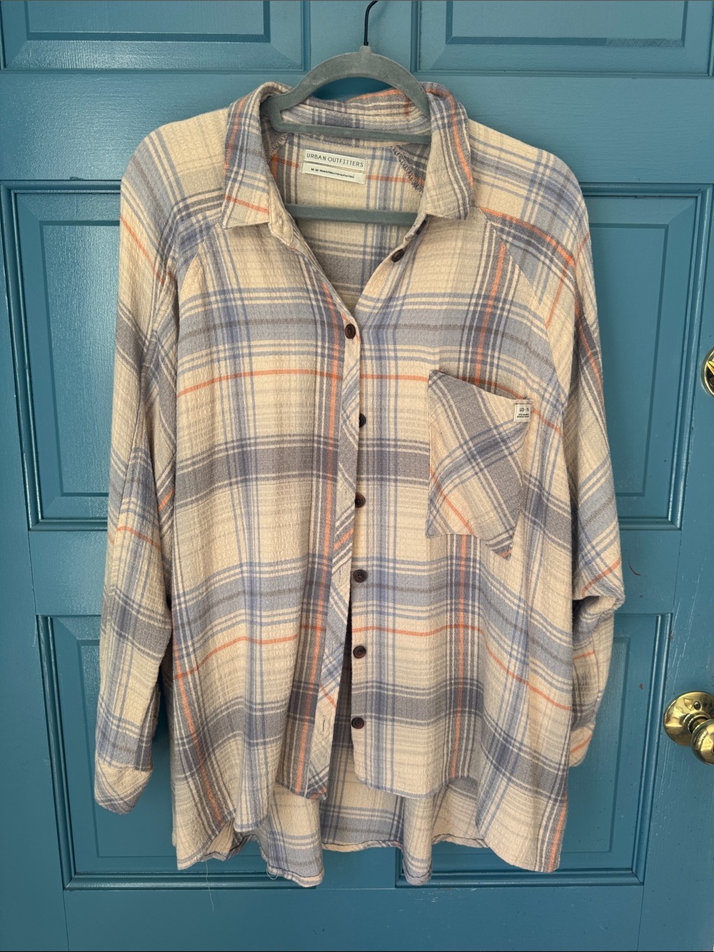 Urban Outfitters Beige, Blue & Orange Plaid Button-Up Shirt